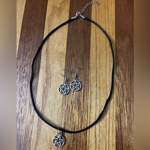 925 Sterling Silver Pentagram Pendant Choker Necklace + Earrings Set